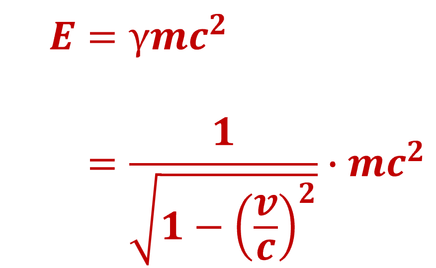 相対論的エネルギーの式「E = γmc² = mc² / √(1 - (v/c)²)」。ここで、γはローレンツ因子、mは質量、vは速度、cは光速を表す。